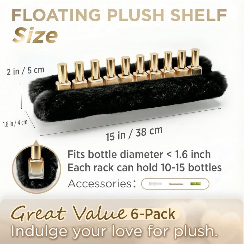 YMVV Wall-Mounted Nail Polish Organizer Rack - 15-Inch Plush Nail Polish Shelf, Makeup & Beauty Essentials Storage - Multi-Purpose Display Holder for Small Space, Vanity Bathroom, 6 Pack Black - Image 3